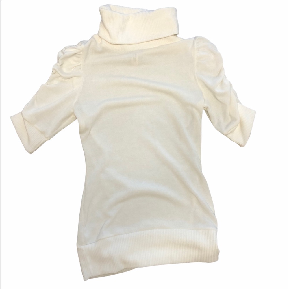 Turtle Neck Cream Blouse with Ruched Sleeves